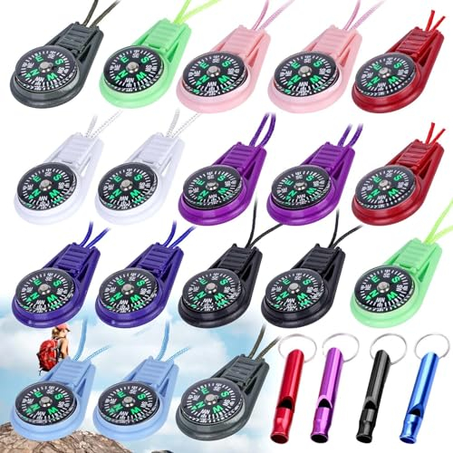 Mini bussola di sopravvivenza, 18 pezzi, per esterni, con 4 pipe di sopravvivenza, mini bussola multifunzione su corda, bussola tascabile per attività all'aperto, campeggio, escursioni, emergenza, kit