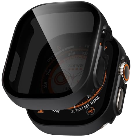 Hülle mit Glas Displayschutz Kompatibel mit Apple Watch Ultra/Ultra 2 49mm Schutzhülle Anti Spy, Hard Rundum Schutzhülle HD Ultradünne PC Schutz Case für iWatch Ultra/Ultra 2, 2-Stück, Schwarz