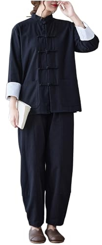 Uniforme Tradizionale Tai Chi per Abbigliamento da Donna In Cotone a Maniche Lunghe per Set di Arti Marziali Kung Fu,Black-M
