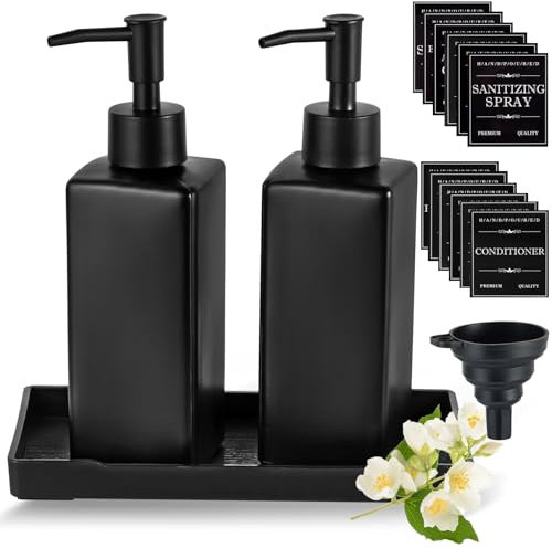 MirraSwit Black Glass Soap Dispenser, 350ML Square Soap Dispenser Set, Black Glass for Kitchen, with Tray, Waterproof Labels for Bathroom, Countertop, Kitchen