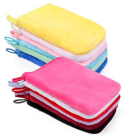 Zhufas 12 Pièces Gants de Toilette en Microfibre 15 x 21 cm,Gants de Douche en Flanelle, Super Doux Gants Démaquillants Réutilisables