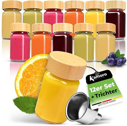 Ingwer Shotgläser 12er Set - Mini Gläser mit Bambusdeckel & Edelstahl Trichter [60ml] - Shot Flaschen zum Befüllen - Auslaufsicher, Vielseitig für Ingwer Shot, Säfte, Gewürze, Cocktails & mehr
