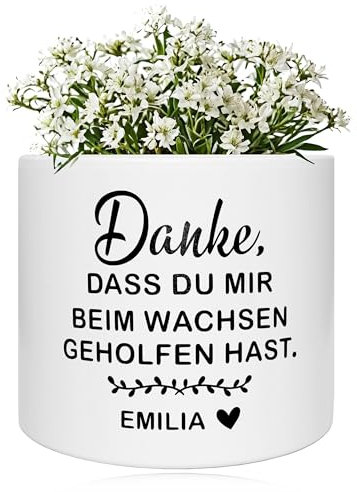 TIMANDO Personalisierter Blumentopf mit Spruch – Danke DASS du Mir beim Wachsen geholfen hast Topf mit Namen aus Keramik in weiß, Geschenkidee für Erzieherin, Lehrerin (Mir beim wachsen geholfen)