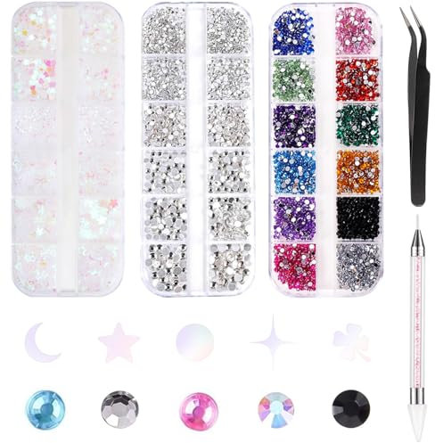 KUKUPOW Cristales para Uñas 4200 Piezas, 36 Colores Brillantes Piedras de Strass, Conjunto de Diamantes de Uñas Imitación para Uñas con Pinza y Bolígrafo de Puntos para Manualidades en Uñas y Cara