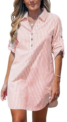 JFAN Femme Casual Robe Chemise à Manches Longues Col en V Boutonnés Robe Chemise décontractée à Rayures