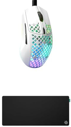 SteelSeries Aerox 3 Snow - Holey RGB Gaming Mouse - Ultra-lightweight Water Resistant Design - 8.5K DPI TrueMove Core Optical Sensor QcK XL Performance Balance Gaming Mousepad 900x400mm