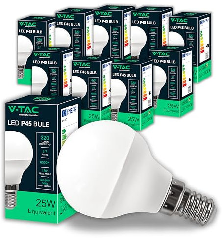 V-TAC 10x Bombillas LED P45 - Máxima Eficiencia Energética - E14-3,7W (Equivalente a 25W) - 320 Lumen - Apertura del Haz de Luz 180° - Bombilla Bajo Consumo - 6500K Blanco Frío