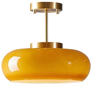 XIRYTU-H Moderne Semi-Flush Deckenleuchte, 28cm Runde Glasabdeckung mit Goldener Metallbasis, E27 Kronleuchter, Flurbeleuchtung für Schlafzimmer, Esszimmer, Küchen (Orange, H25cm)