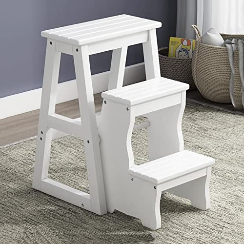 LVSEWOA White 3 Steps Stool Wooden Ladder Chair，Folding Household Ladder Stool Portable Stepladder Bookshelf |Plant Stand |Dinner Chairs for Kitchen Library