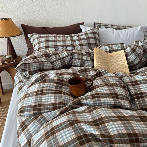 Sedefen Housse de Couette 200x200cm Marron Bleu à Carreaux Vichy Parure de Lit 2 Personnes Adulte Carreaux Sets de Housse de Couettes en Microfibre avec Fermeture Éclair et 2 Taies d'oreiller 65x65cm