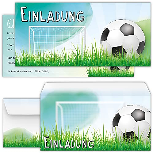 beriluDesign Fussball Einladungskarten mit Umschlägen – 12 Set zum Kindergeburtstag oder zur Fußball-Party