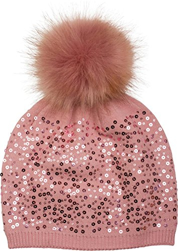 styleBREAKER Feinstrick Bommelmütze mit Pailletten und abnehmbarem Kunstfell Bommel, Fellbommel Mütze, Damen 04024134, Farbe:Altrose