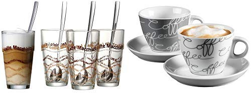 Ritzenhoff & Breker Latte Macchiato Gläser-Set, 8-teilig mit Löffel & Cappuccino-Set Cornello 4-teilig, Grau, 180 ml