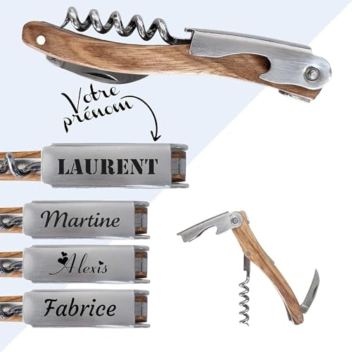 KDO MAGIC - Tire bouchon personnalisé - sommelier personnalisable - Gravé avec un prénom - Bois et acier - cadeau fête des pères, anniversaire, retraite, noël