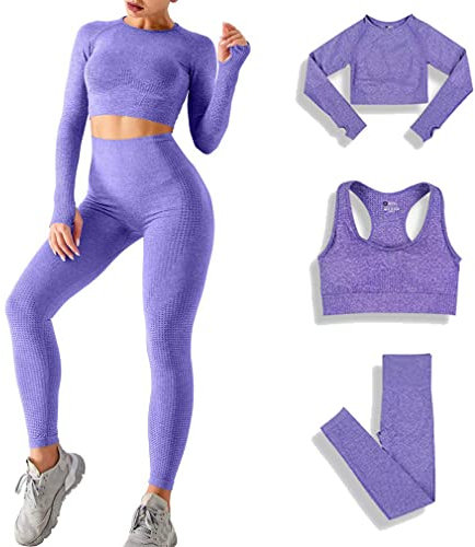 DONYKARRY 3set di Abbigliamento Sportivo da Palestra Senza Cuciture, Yoga Gym Leggings da Yoga a Vita alta e Reggiseno Sportivo e Top Sportivo (Viola,M)