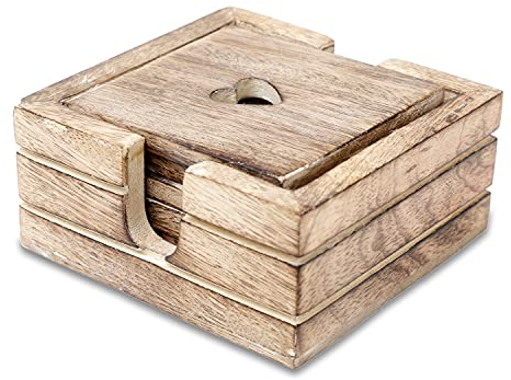 Drink coasters set of 6 with holder – Handmade Wooden coasters for Coffee, Tea, Mugs, Cups, Wine Glasses – Housewarming gift - Premium quality (Heart Cut Design)