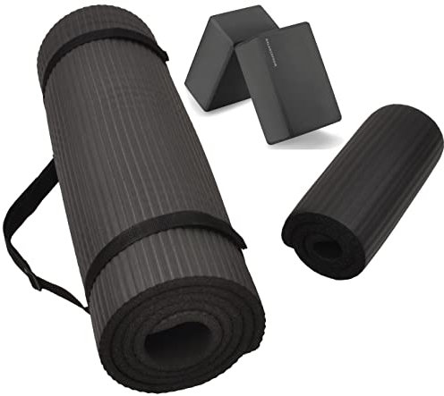Fitvids Universal Yoga-Matte mit hoher Dichte, 1,3 cm dick, reißfest, Yogamatte und Knieauflage mit Trageriemen und Yogablöcken, schwarz