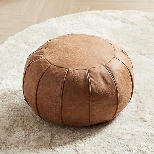 Louis Donné Ungefüllter marokkanischer Ottoman-Pouf-Bezug, wasserdicht, handgefertigt, Kunstleder-Dekor, Aufbewahrungslösung, Fußhocker-Pouffe-Bezug-Ersatz, Balkon, Innenbereich, 21 Zoll Durchmesser
