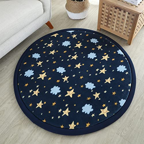Loartee korallenrote Samtmatte Teppich Rund, als Krabbeldecke fürs Kind,2,5cm Dicker Kinderteppich,Stern blau,120cm