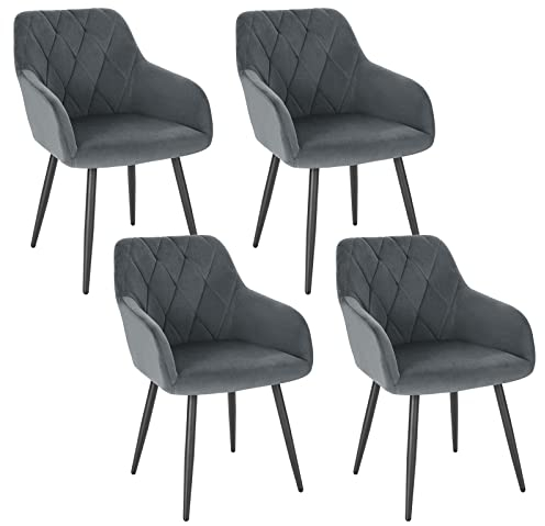 WOLTU 4er Set Esszimmerstühle mit Armlehne Rückenlehne, für Esszimmer Wohnzimmer Küche, Bequeme Küchenstühle gepolstert mit Samtbezug, Metallbeinen, Dunkelgrau