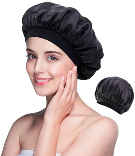 iJiGui Satin haarhaube, Nacht Schlafmütze, Seidenhaube zum Schlafen Weiche Satin Haube, Schlafhaube Haare Schützen Elastisch Wiederverwendbare Bonnet Sleep Cap Satin Bonnet (Schwarz)