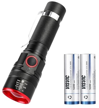 LED Torch with 2pcs Flat top Rechargeable 18650 Battery 3 Modes, Waterproof for Camping and Outdoor Use High Lumens Zoomable 18650 Flashlights, Pocket Size Torch for Hiking Hunting Home Dog Walking