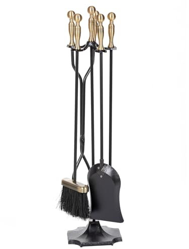 NALONE 5 Stück Kaminwerkzeuge Set, Messinggriffe Schmiedeeisen Kaminzubehör Set mit Schürhaken, Zange, Schaufel, Bürste, Feuerstelle Werkzeuge Indoor Outdoor (Antike Bronze)