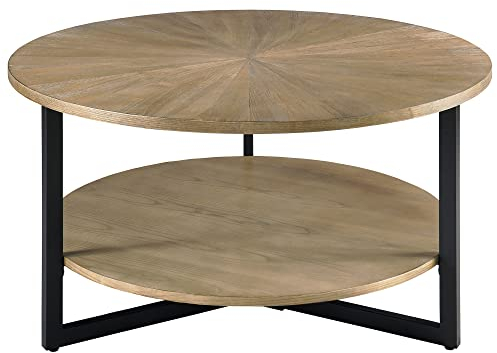 MODERION Round Solid Wood Coffee Table with 2-Tier Storage Shelf, Tea Table End Table Sofa Table with Metal Legs, Robust Steel Frame, for Living Room,85 x 85 x 45.5 cm (Light Brown)