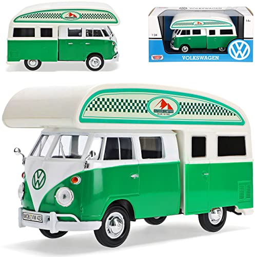 Motormax Volkwagen T1 Camper Bus Personen Transporter Grün 1950-1967 1/24 Modell Auto mit individiuellem Wunschkennzeichen