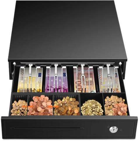 Tiskgg Kassenlade Elektrisch, Kassenschublade mit 5 Münzfächer, 4 Scheinfächer, Geldlade elektrische und manuelle Öffnung, Geldschublade, Geldbox Banknotenfächern