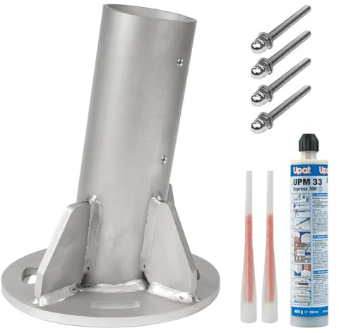 Standfuß, V2A-Edelstahl, zur Befestigung von Sonnensegelstangen mit Ø 70 mm | Rostfreier Mastfuß inkl. Befestigungsset für Beton & Estrich: Gewindestangen M12x150 mm, Verbundmörtel, Statikmischer