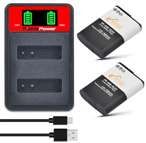 Pickle Power 1850mAh 2Pcs EN-EL23 Battery and Charger for Nikon Coolpix P600, P610, P610s, B700, P900, P900s, S810c Camera