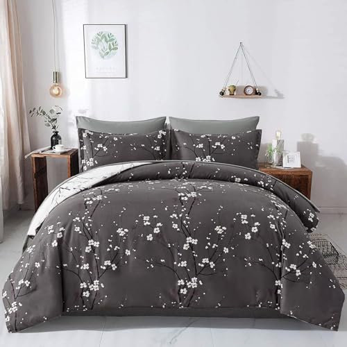 Tospass Floral Bettwäsche 135x200cm 4 Teilig Dunkelgrau Anthrazit Blumen Pflanzen Blätter Bettwaren-Sets Mädchen Mikrofaser Bettbezug 2 Deckenbezug mit Reißverschluss 2 Kissenbezug 80x80cm