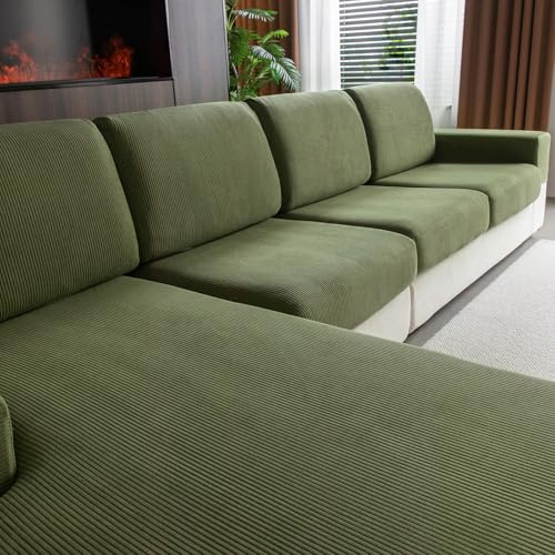OHSIO Stretch Sofa Überzug - Rutschfester Sofa Sitzkissenbezug | Waschbarer Sofabezug, strapazierfähig & pflegeleicht – Möbelschutz(Grün, 2x Sitzbezüge S + 1x Chaiselongue-Bezug)