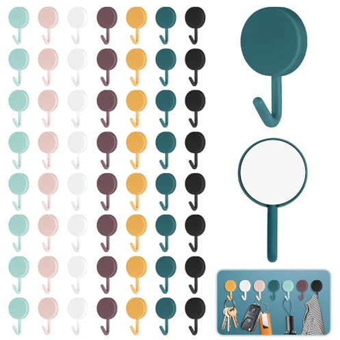 MOAMUN 56 Ganci Adesivi Bagno Colorati, Extra Forte Gancio Adesivo Senza Forare, Appendiabiti Adesivo Impermeabile Rimovibile, Piccolo Gancio per Asciugamani Vestiti Zaini Cappelli (7 Colori)