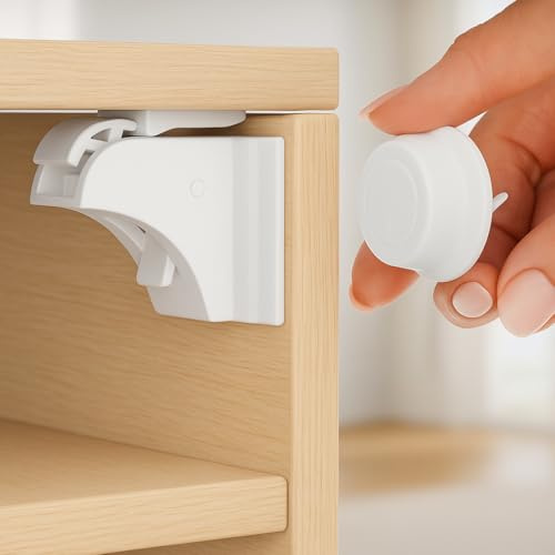 Verrous de Sécurité Bébé Magnétiques Invisibles – Lot de 10 Serrures + 1 Clé – Protection pour Placards, Tiroirs & Portes – Installation Sans Perçage – Adhésif 3M Ultra-Fort – Blanc – Marque Français