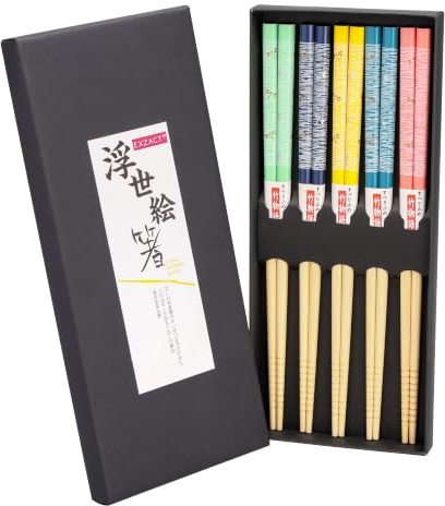 EXZACT Bamboo Chopsticks Set 5 Pairs, Dragonfly Design, Reusable 22.6cm | 5 pairs of reusable bamboo chopsticks with colourful dragonfly-pattern handles, lightweight and easy to grip.