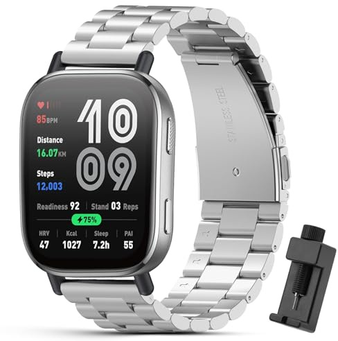 CreoArte 22mm Metal Correa Compatible con Amazfit Bip 6/Bip 5/Amazfit Balance/Balance 2, Pulseras de Repuesto de Acero Inoxidable para Xiaomi Redmi Watch 5 Active/5 Lite/Amazfit Active Max, Plata
