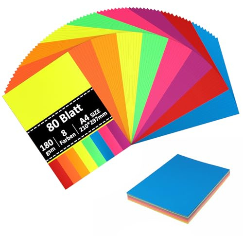 80 Blatt Tonpapier A4 Bunt,180 g/m², 8 Farben, Buntpapier für Basteln,DIY | Bunt papier A4,Tonkarton,Bastelkarton,Farbiges Papier für DIY Kunst und Bastelprojekte,Drucker, Einladungen, Scrapbooking