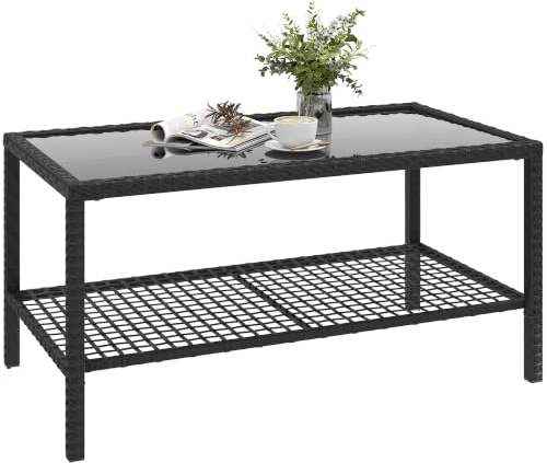 Outsunny Mesa de Jardín de Ratán con Estante para Patio 92x50x45 cm Negro | Mesita Auxiliar, Tablero de Vidrio Templado, Estructura de Acero, Terraza, Balcón