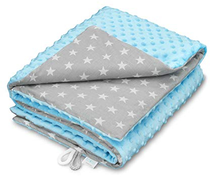 ELIMELI Minky Babydecke Kuscheldecke Krabbeldecke - super weichem Minky Dots Polar Fleece und Baumwolle mit Füllung | Baby Decke 75x100 hoch Qualität (Blue - White Stars)