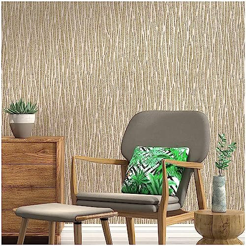 Blooming Wall Papier peint texturé classique uni à rayures et forêt, 52,8 cm x 10 m² par rouleau (Taupe/kaki/doré)