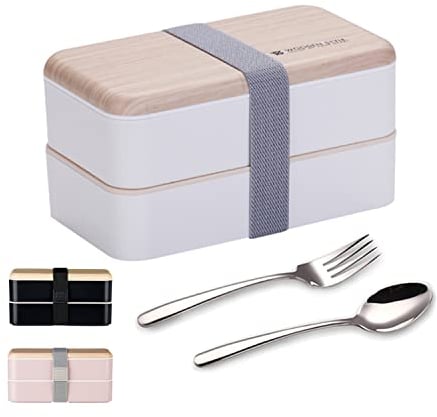 Binoster Boîte bento Repas Boîte à Lunch Boîte à Déjeuner gouter Bundle Divider Style Japonais Lunch Box avec Une cuillère et Une Fourchette en Acier Inoxydable (Blanc)
