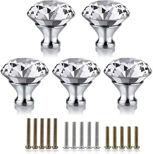FBSHOP(TM) 50MM 5pcs Clear Glass Crystal Cabinet Knobs-Diamond Shape Wardrobe Door Knobs/Cupboard Drawer Pull Handle/Glass Dresser Knobs,Come with 3 Kinds of Screws