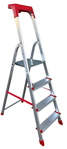 Scala Domestica in Alluminio Pieghevole Leggera Antiscivolo con Portaoggetti e Gancio Porta Secchio Scaletta Multifunzione (4 Gradini)