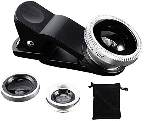NiceJoy Objectif Fisheye pour téléphone, Objectifs macro grand angle Fish Eye 3en1, Objectif universel à clipser, Objectif universel pour téléphone pour la plupart des smartphones, argent