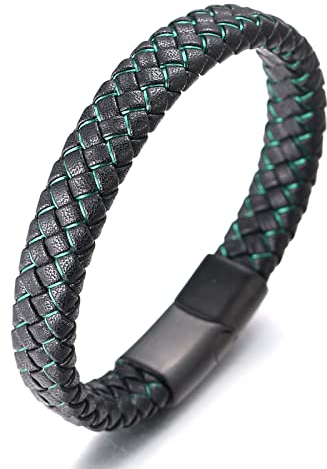 HALUKAKAH ● Jazz ● Le Bracelet de l’Homme en Cuir Véritable Noire Cordon Vert Fermoir Magnétique Titane 21.5cm avec Le Boîte-Cadeau
