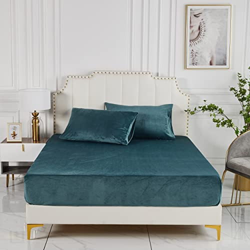 Damier Plüsch Spannbettlaken 90x200cm Petrol Blau Winter Spannbetttuch Flauschig und Warmes Flanell Bettlaken geeignet für Matratzen bis 30cm