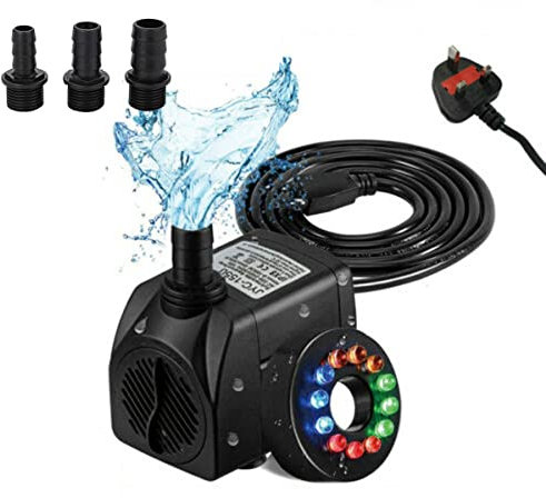 Electric Water Pump Submersible Water Feature Pumps 1800L/H 25W 12 Color LED Light Quiet Small Water Pump for Fountain Aquarium Hydroponic Fish Tank Garden Pool Pond with 2M Power Cord 3 Nozzles