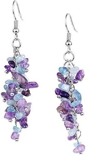 KYEYGWO Amethyst & Aquamarine Heilung Kristall Ohrringe für Damen, Stein Baumeln Haken Ohrrings Trommelsteine Ohrhänger Quarz Edelstein Ohrschmuck Stilvoll Scmuck für Frauen